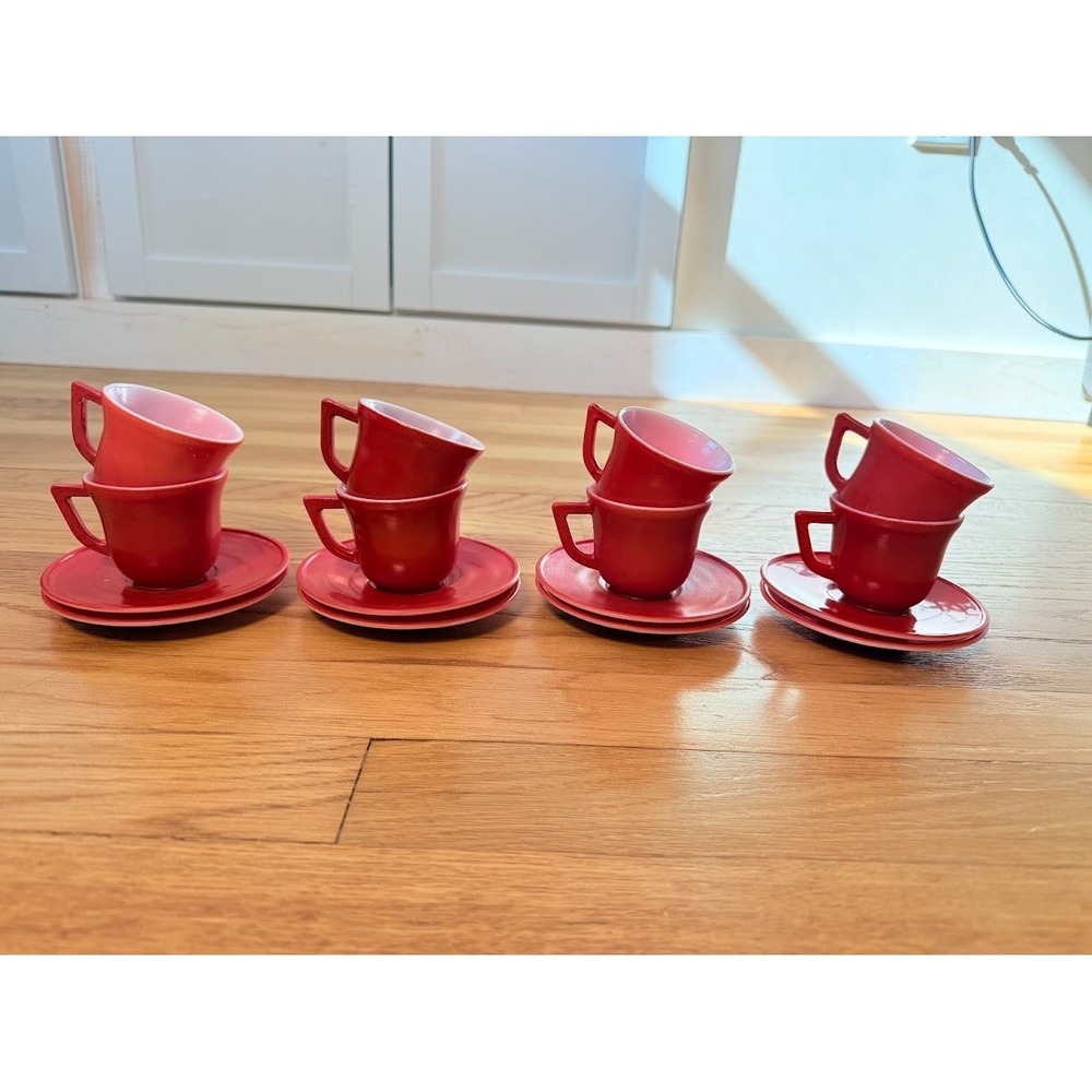 VTG Hazel Atlas RARE RED Milk Glass Children's Tea Cups Saucer Little Hostess